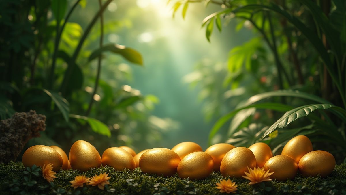 Golden eggs scattered in a vibrant tropical jungle.