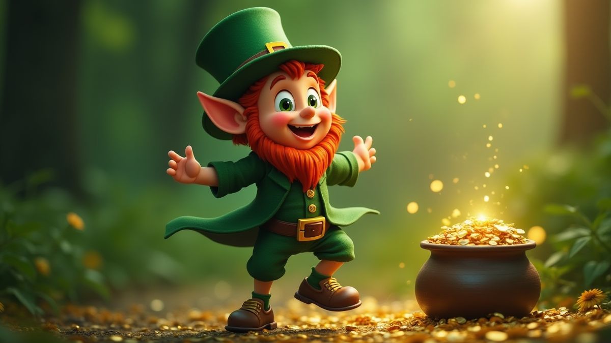 Un leprechaun alegre bailando cerca de un caldero de oro.