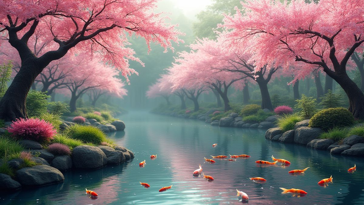 Un jardín asiático con flores de cerezo y peces koi en un estanque.