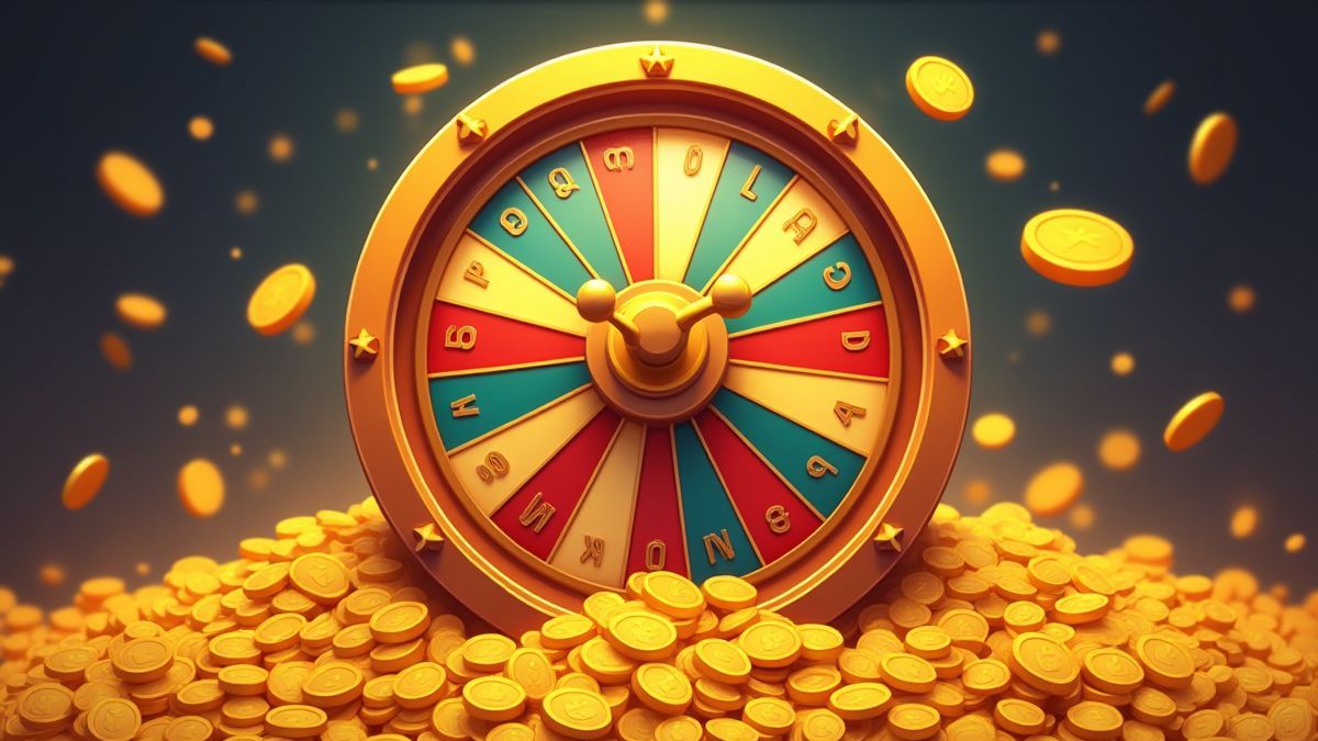 Una rueda giratoria de la suerte rodeada de monedas doradas.