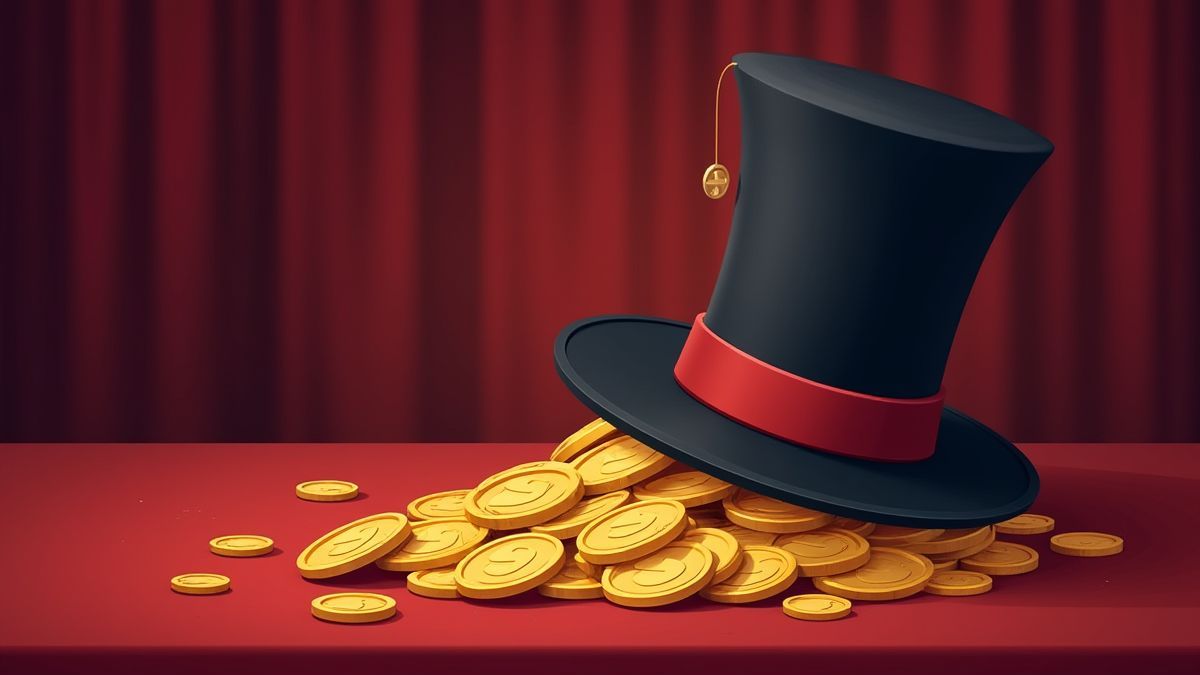Monedas doradas y un sombrero de mago sobre una mesa de terciopelo.