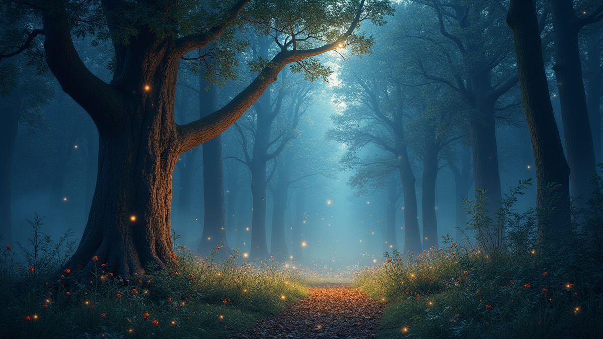 An enchanted forest filled with magical lights and shining stars.