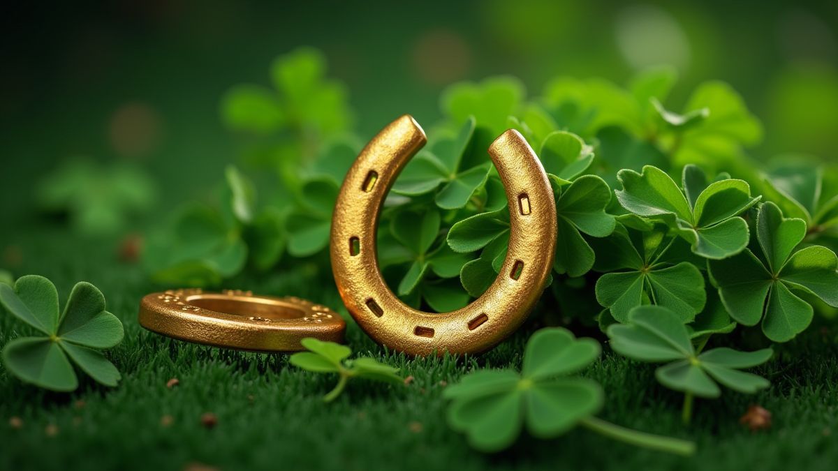 Four-leaf clovers and golden horseshoes, symbols of luck.