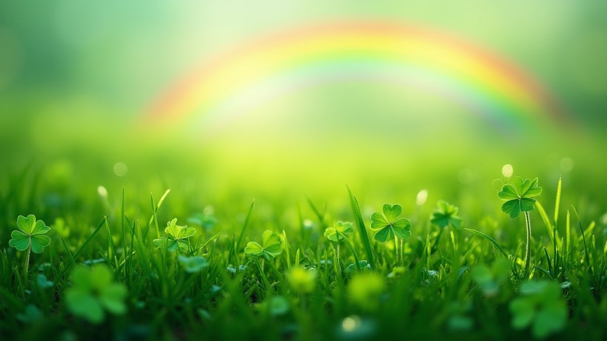 Iers weiland met klavers en een regenboog.