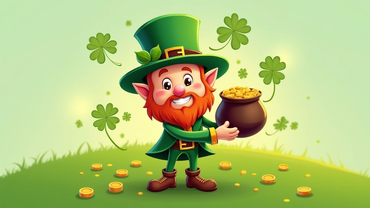 Leprechaun met een pot goud en klavers.