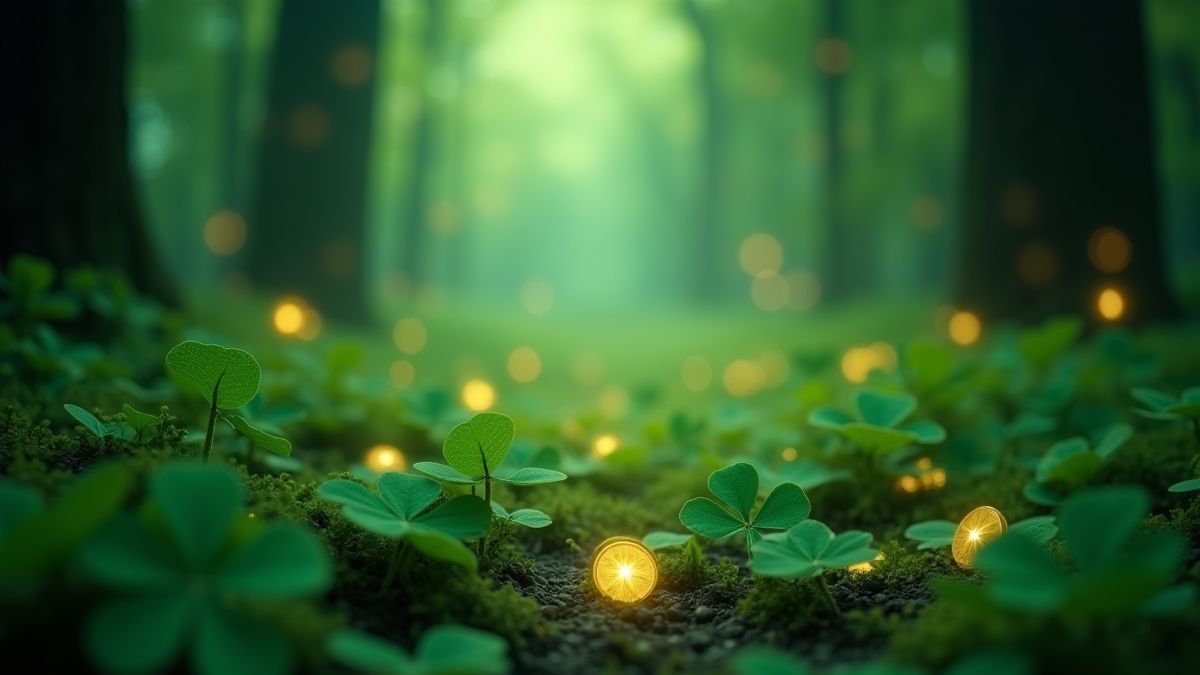 An enchanted forest filled with clovers and shining coins.