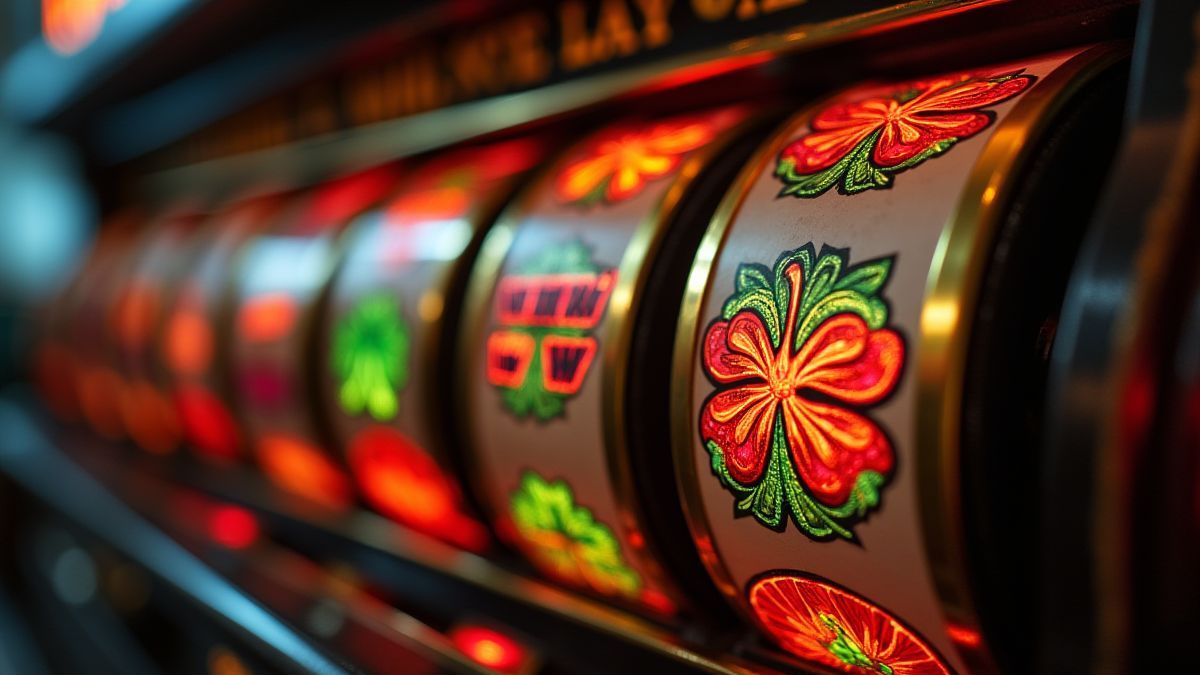 Slot reels spinning with glowing clover symbols.