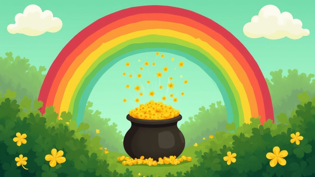 A pot of gold at the end of a rainbow surrounded by clovers.