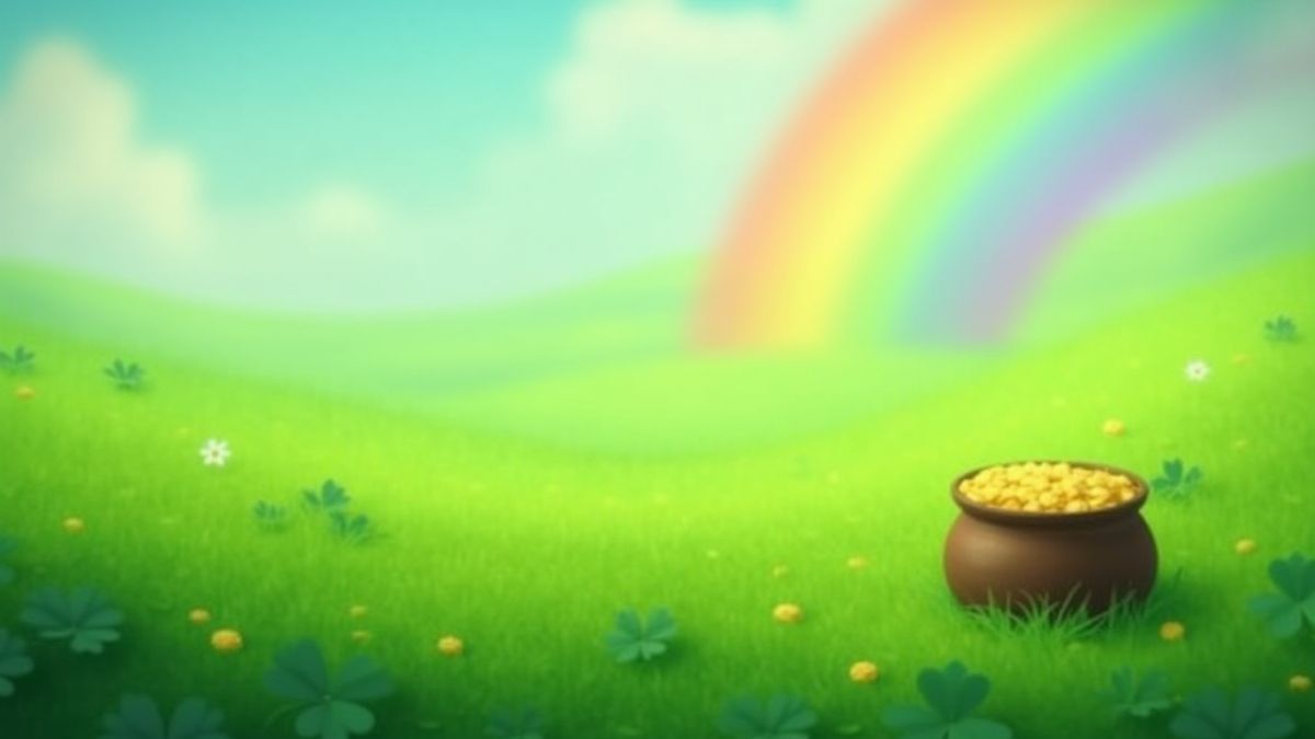 A green field with clovers and a pot of gold under a rainbow.
