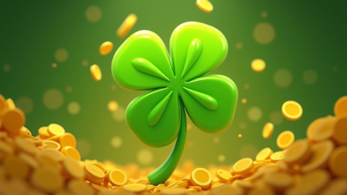 Golden coins flying around a clover.