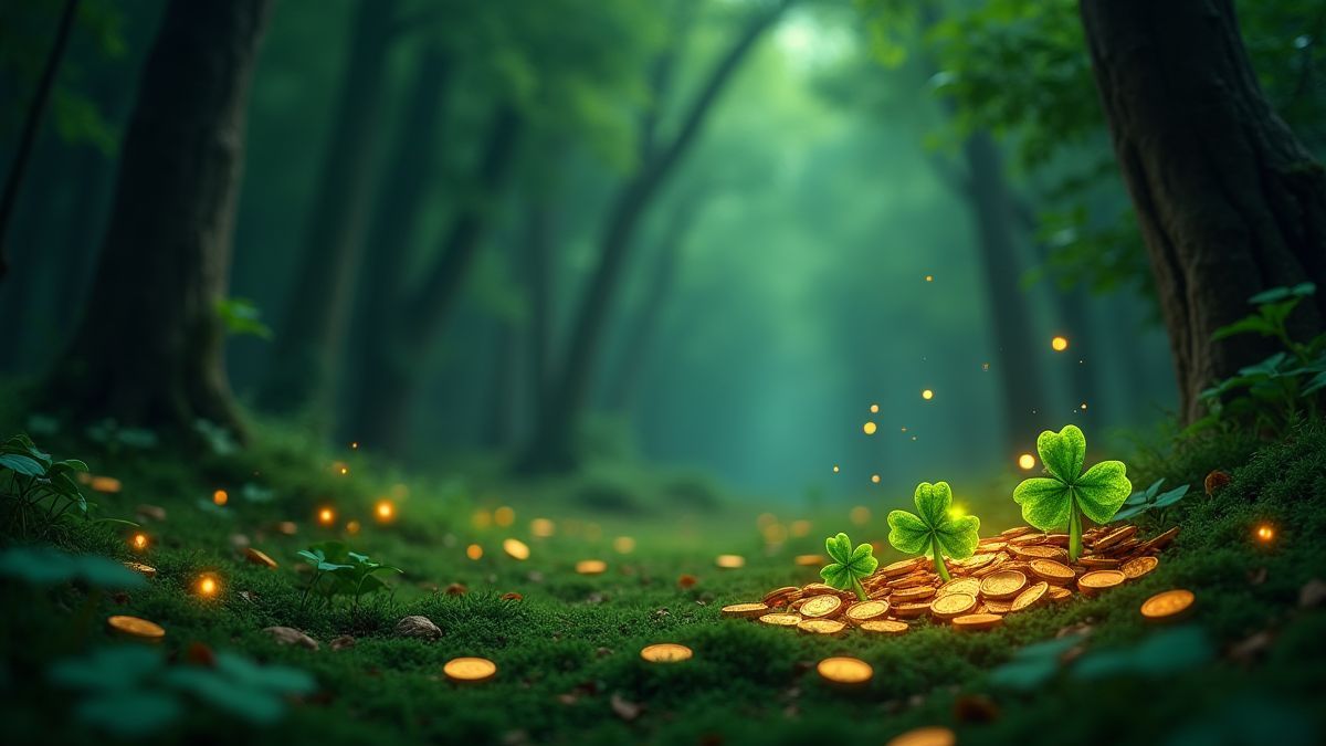 Ein magischer Wald mit leuchtenden Kleeblättern und verstreuten Goldmünzen.
