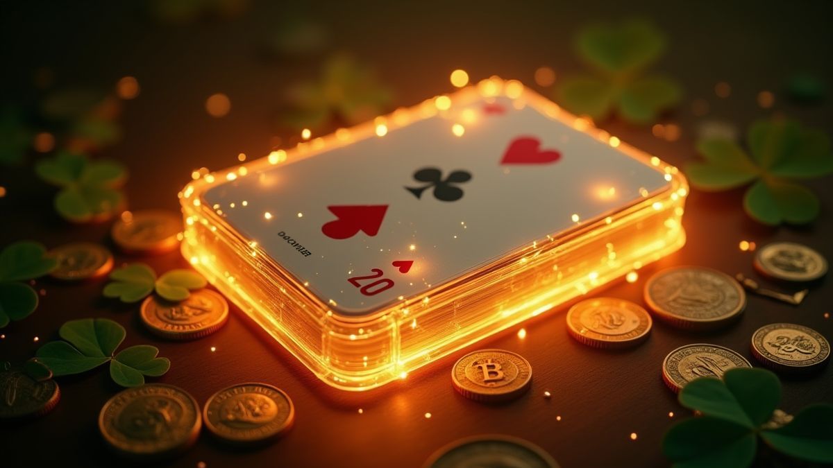 Ein leuchtendes Kartendeck umgeben von Goldmünzen und Kleeblättern.