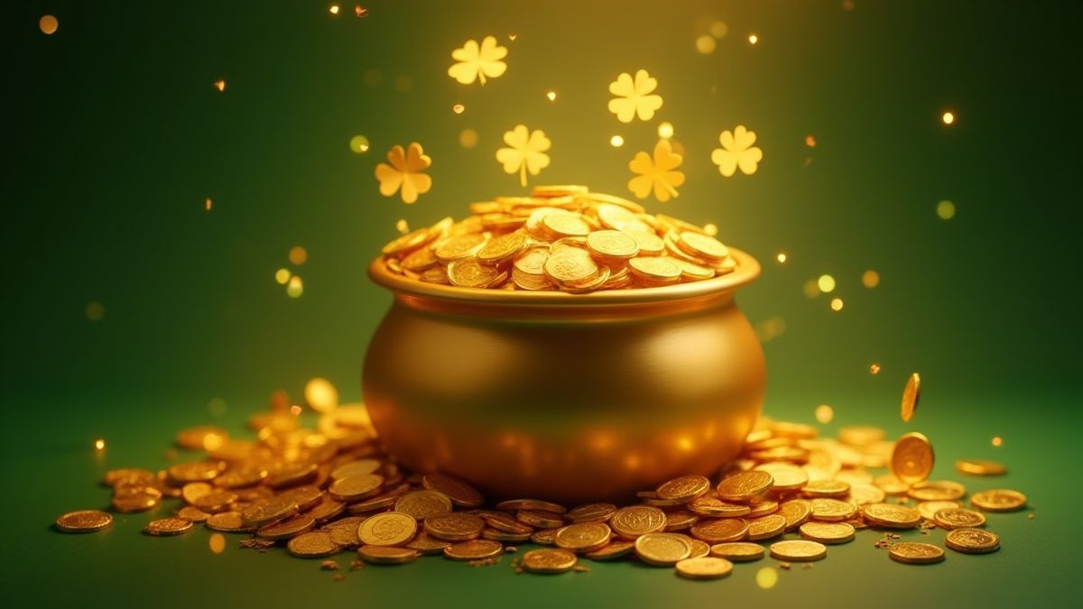 Caldero de oro rodeado de tréboles brillantes.