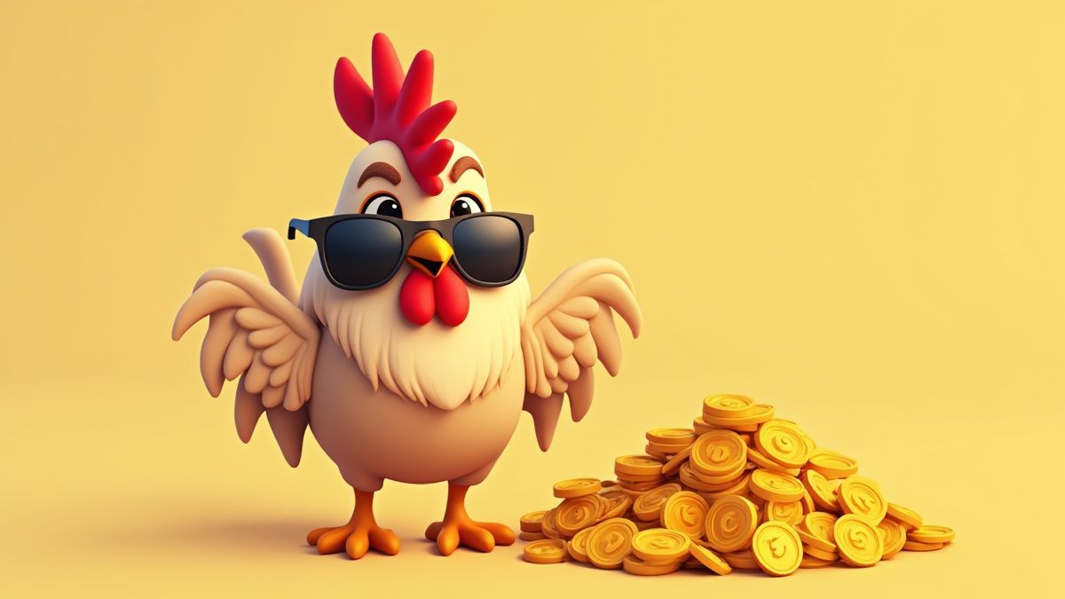 Un gallo animado con gafas de sol junto a un montón de monedas doradas.