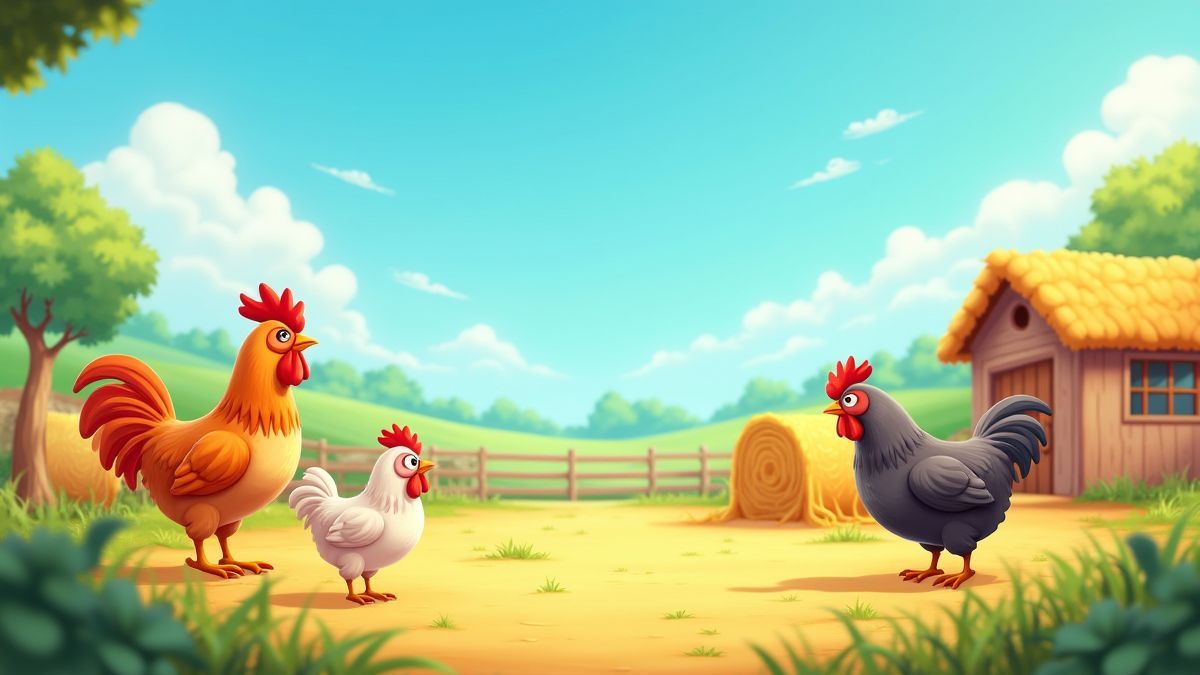 Granja animada con pollos coloridos, pacas de heno y un cielo azul brillante.