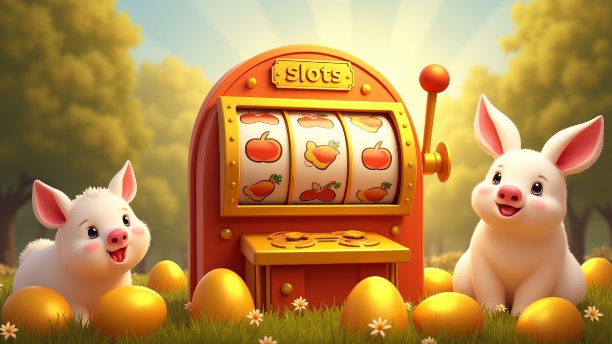 Tragaperras girando rodeada de huevos dorados y animales de granja alegres.