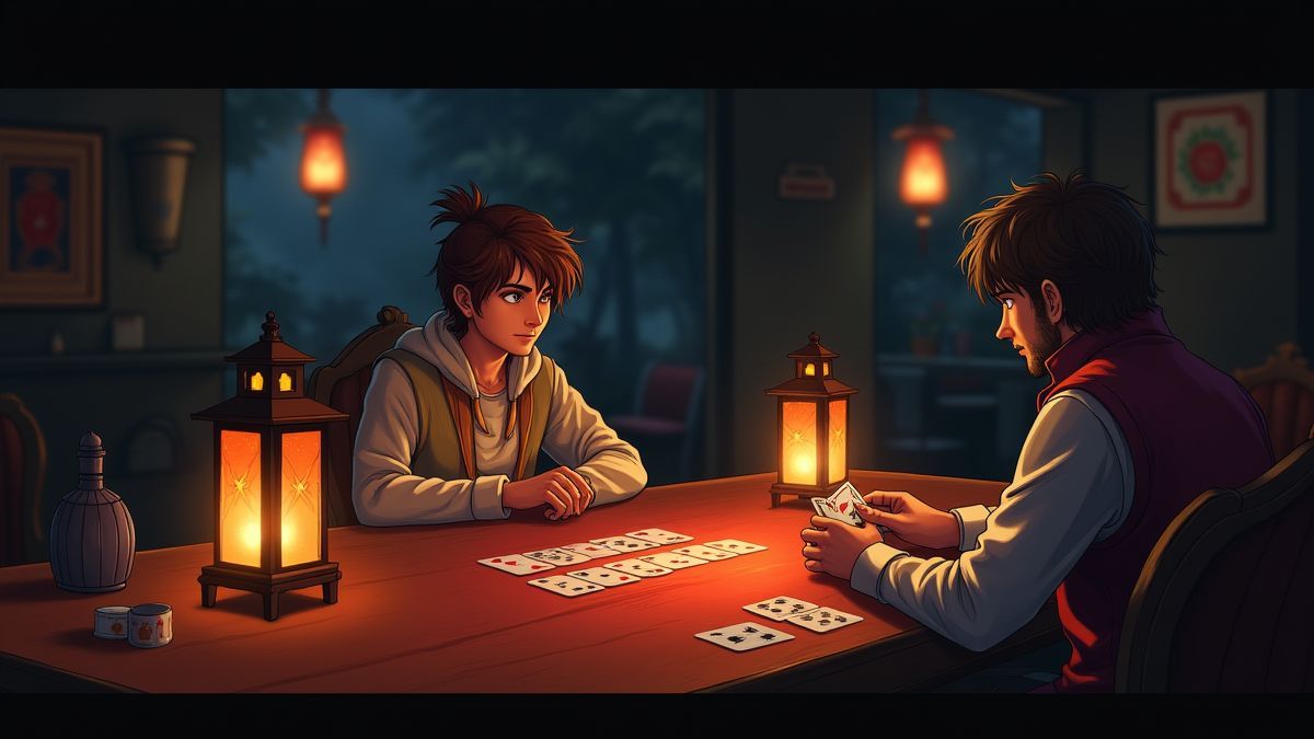 Spieltisch, beleuchtet mit Laternen, an dem ein Spieler Karten in der Hand hält.