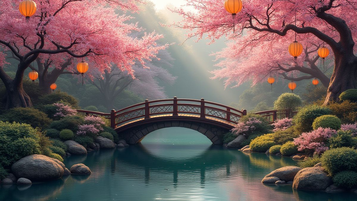 Orientalischer Garten mit einer Brücke über einem Koi-Teich und Laternen, die von Kirschblütenbäumen hängen.