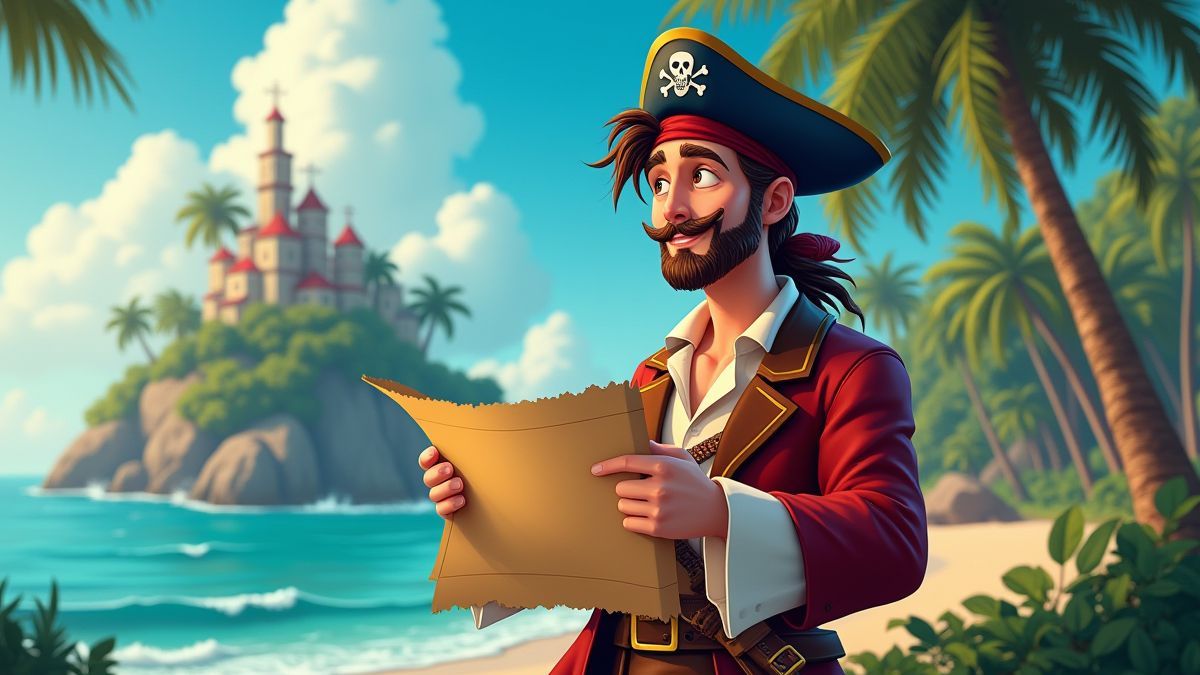 A pirate holding a treasure map with an animated tropical island in the background.