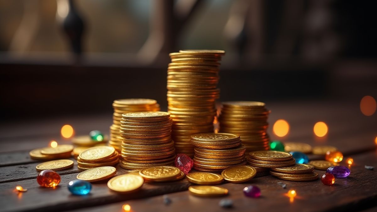 Stacked gold coins surrounded by sparkling gems on a pirate ship deck.