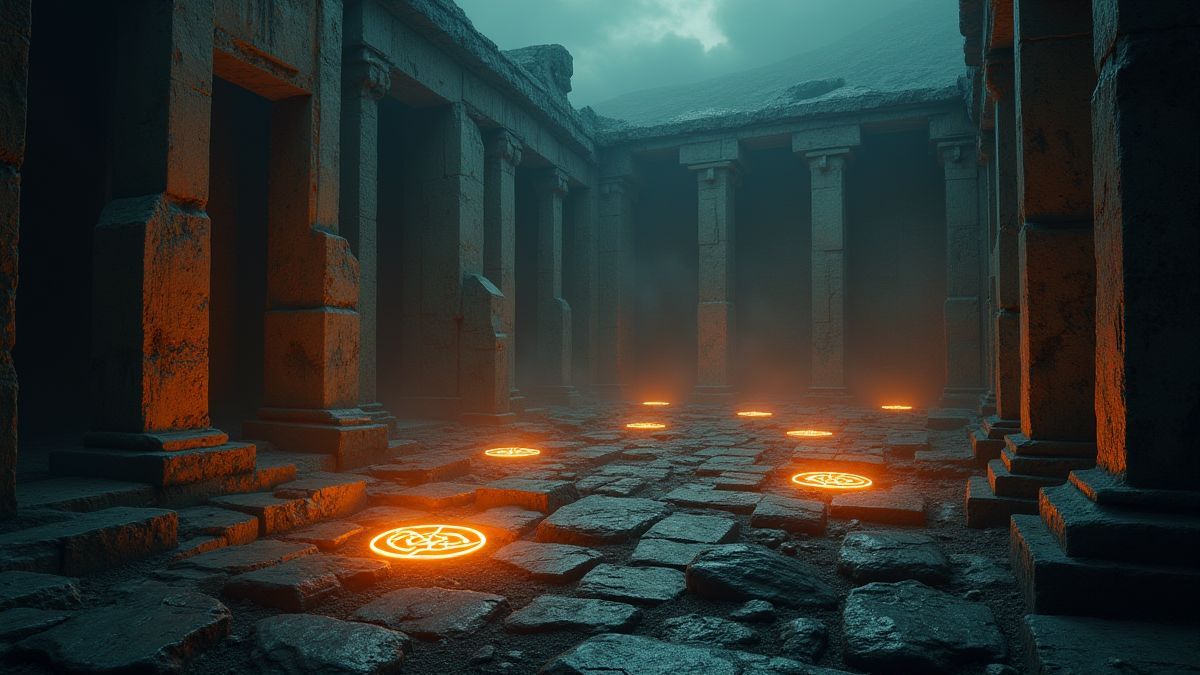Ruinen antiker Zivilisationen mit leuchtenden magischen Symbolen.