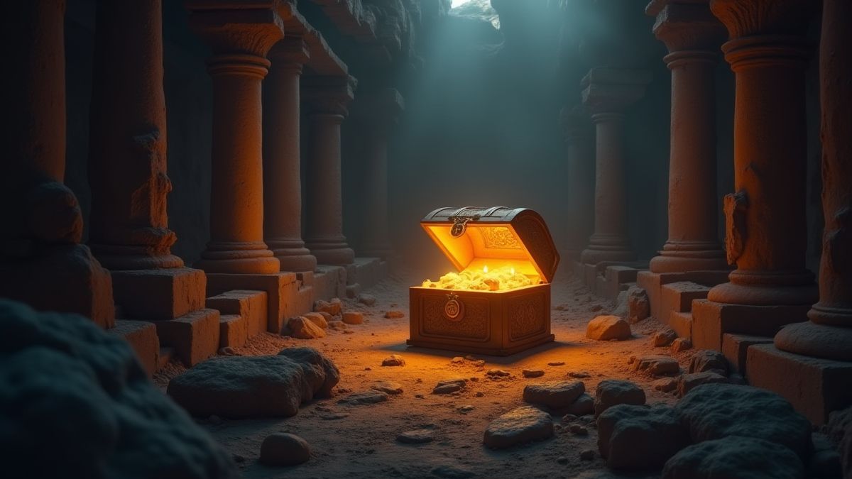 Eine leuchtende Schatztruhe zwischen antiken Ruinen.