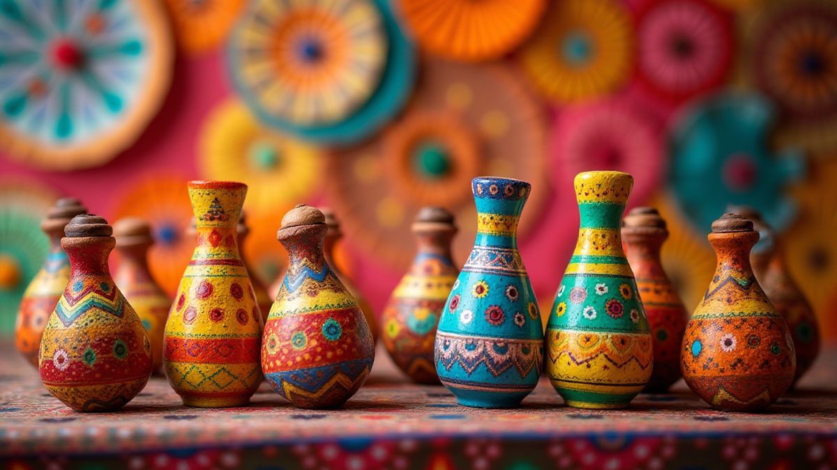 Decoraciones mexicanas coloridas como papel picado y maracas.