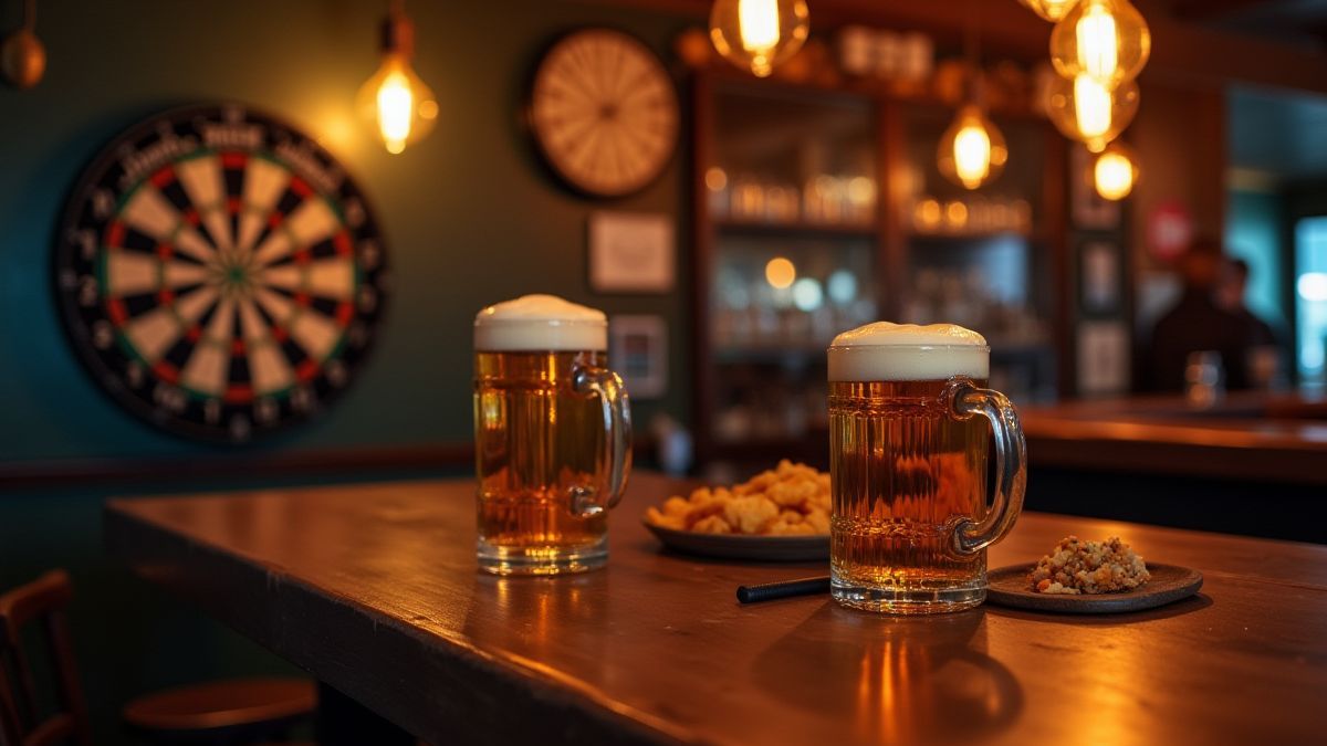 A dartboard in a lively pub with beer mugs and snacks on the table.