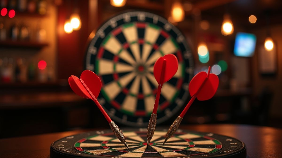 A dartboard with three bullseyes in a festive pub setting.