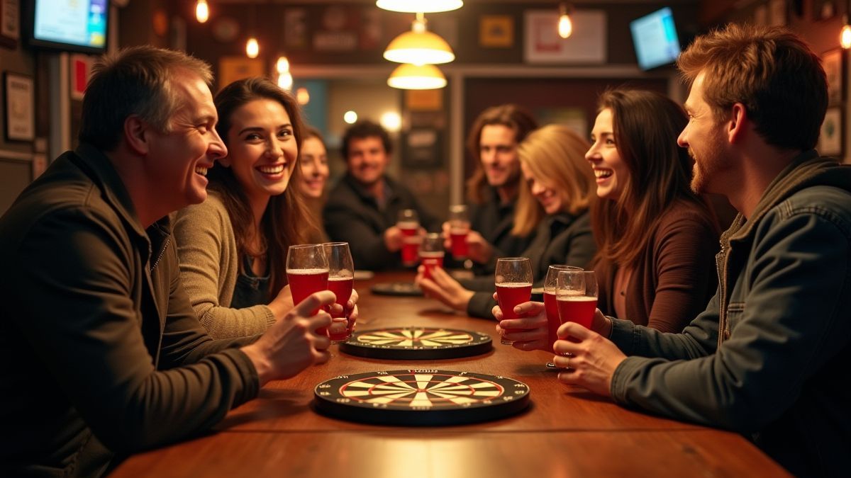 A cheerful pub with people playing darts and enjoying drinks.