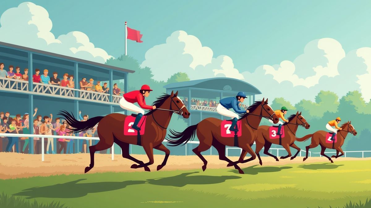 Hipódromo lleno de energía con caballos corriendo y público animado.