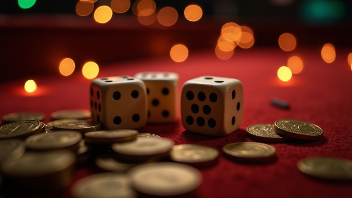 Dice surrounded by glowing lights and coins on a casino table.