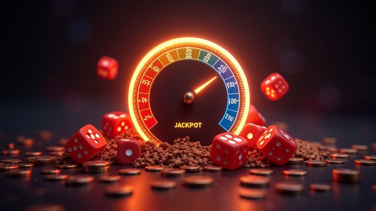 Glowing progressive jackpot meter surrounded by dice and coins.