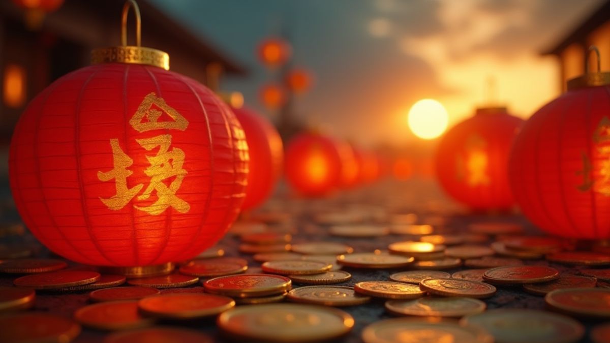 Golden coins and lanterns under the moonlight.