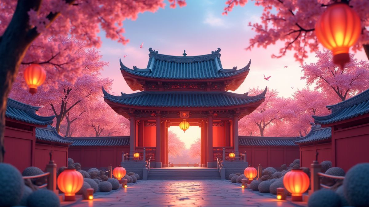 Animated Chinese temple surrounded by cherry blossoms and glowing lanterns.