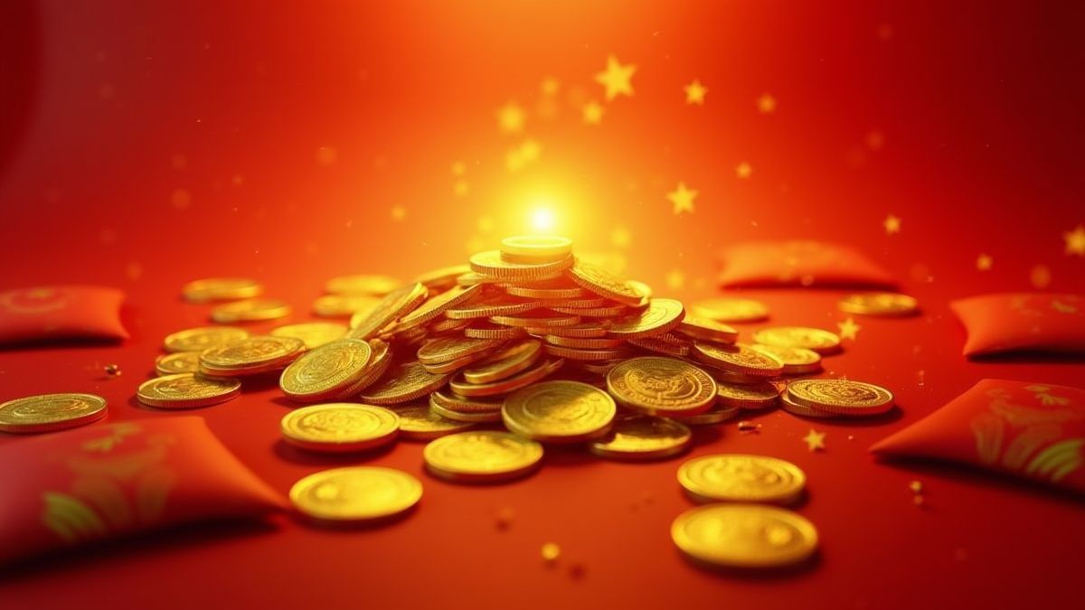 A pile of glowing golden coins surrounded by red envelopes.