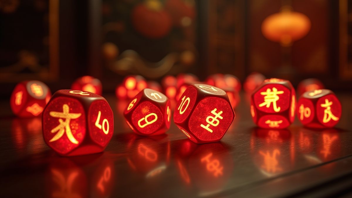 Glowing dice with golden numbers in an oriental environment.