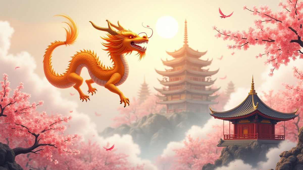 Golden dragon over an Asian temple