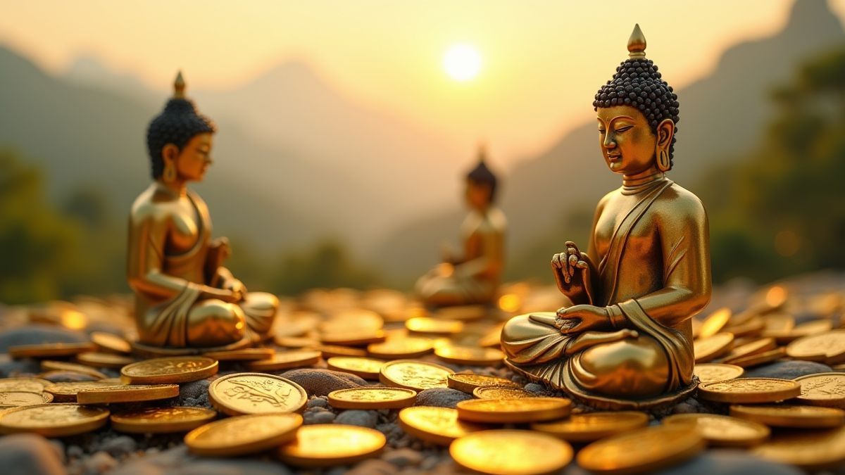 Golden coins and Buddha statues