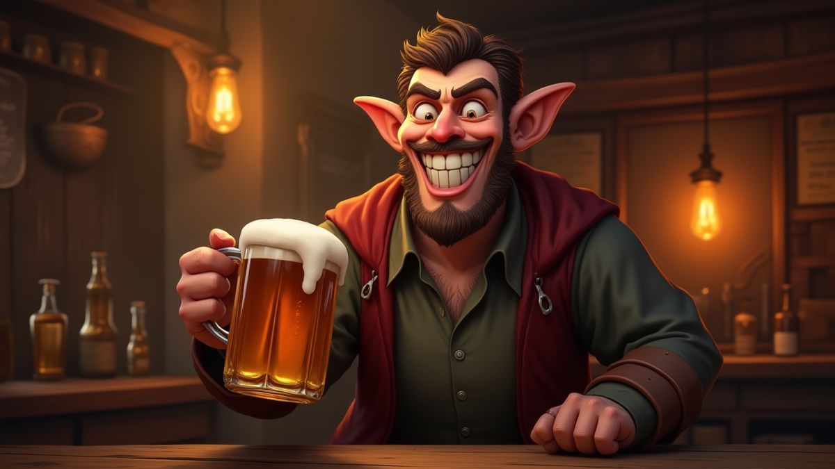Personnage espiègle tenant une chope de bière dans une taverne.