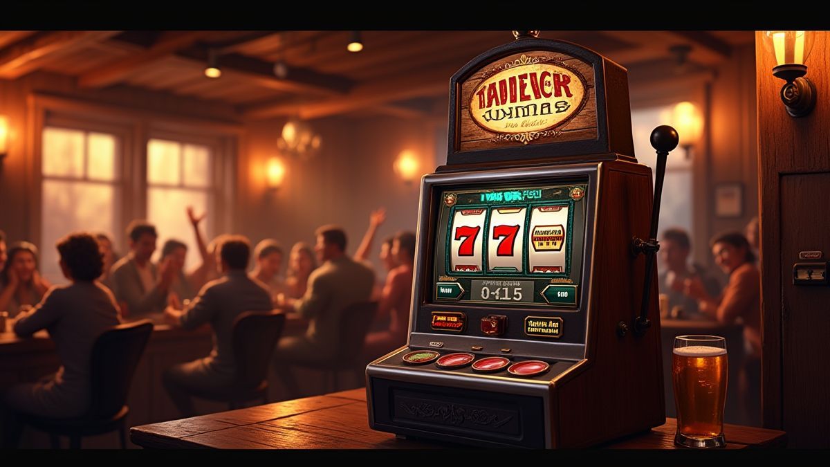 Machine à sous dans une taverne animée avec des personnages célébrant.