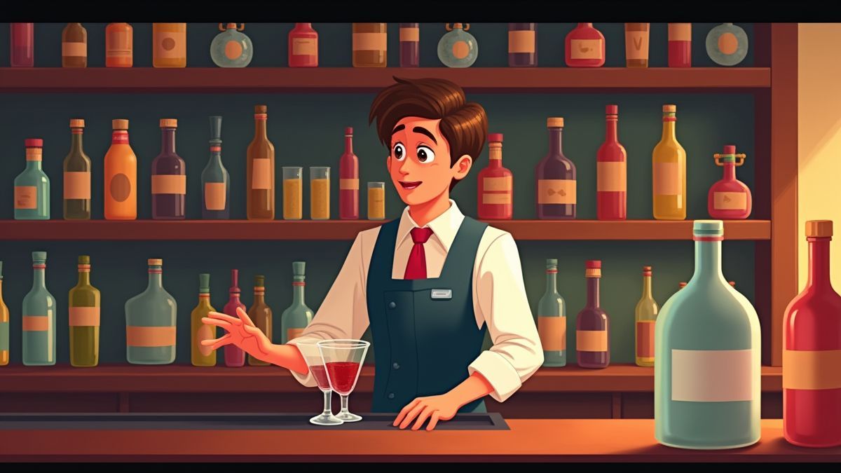 Een geanimeerde bar scène met kleurrijke flessen en een barman.