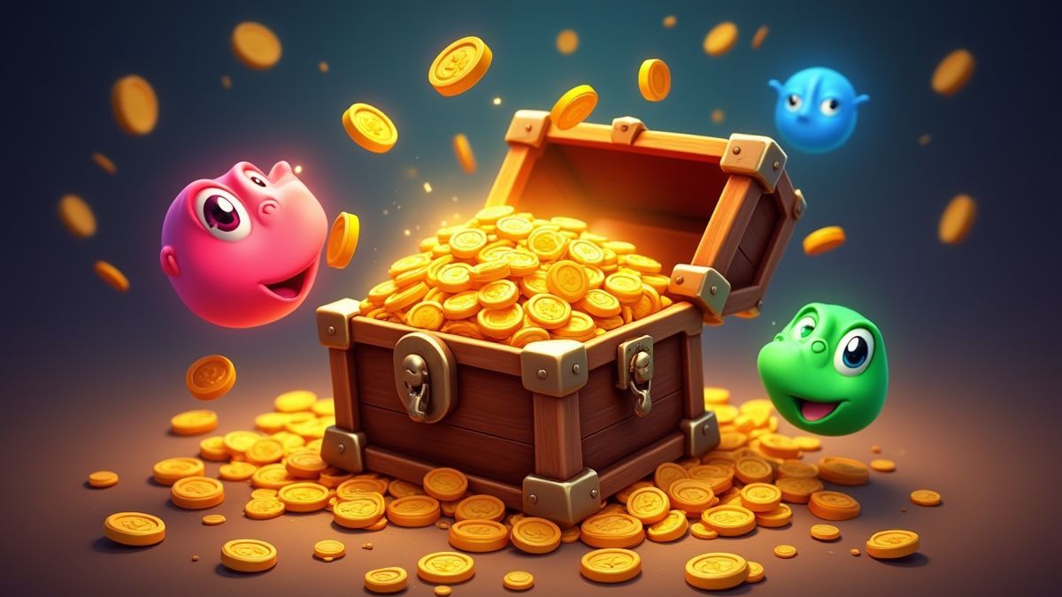 Treasure chest overflowing with gold coins surrounded by bonus symbols.