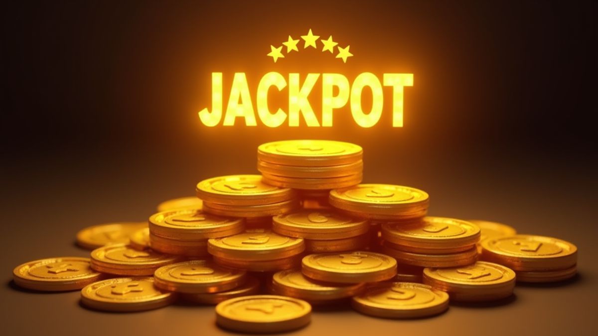 Stack of gold coins with a glowing jackpot sign on top.