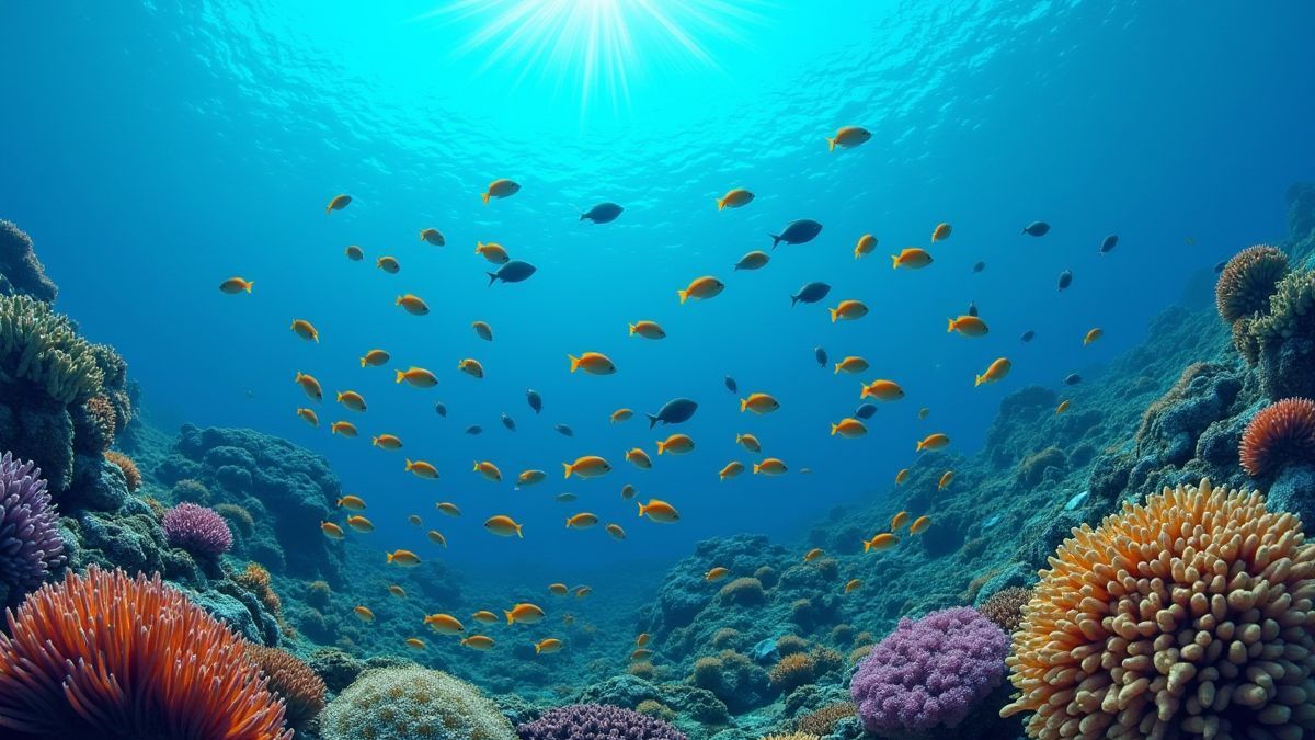 Scène sous-marine avec des poissons colorés et des récifs de corail.