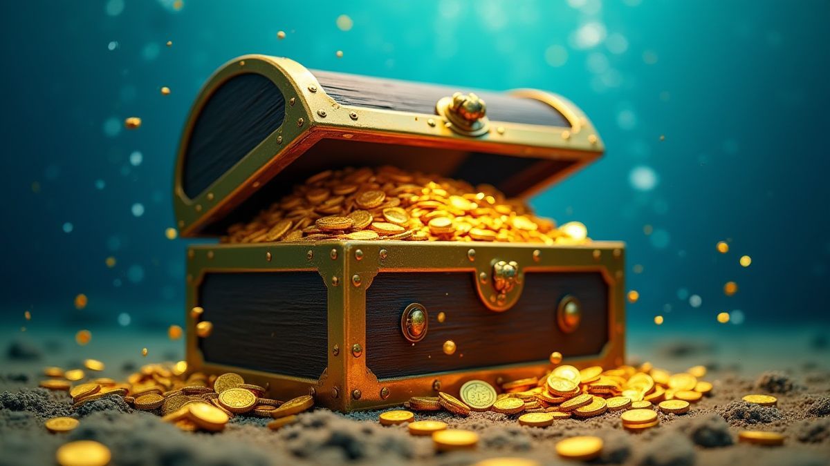 Coffre au trésor rempli de pièces d'or sous l'eau.