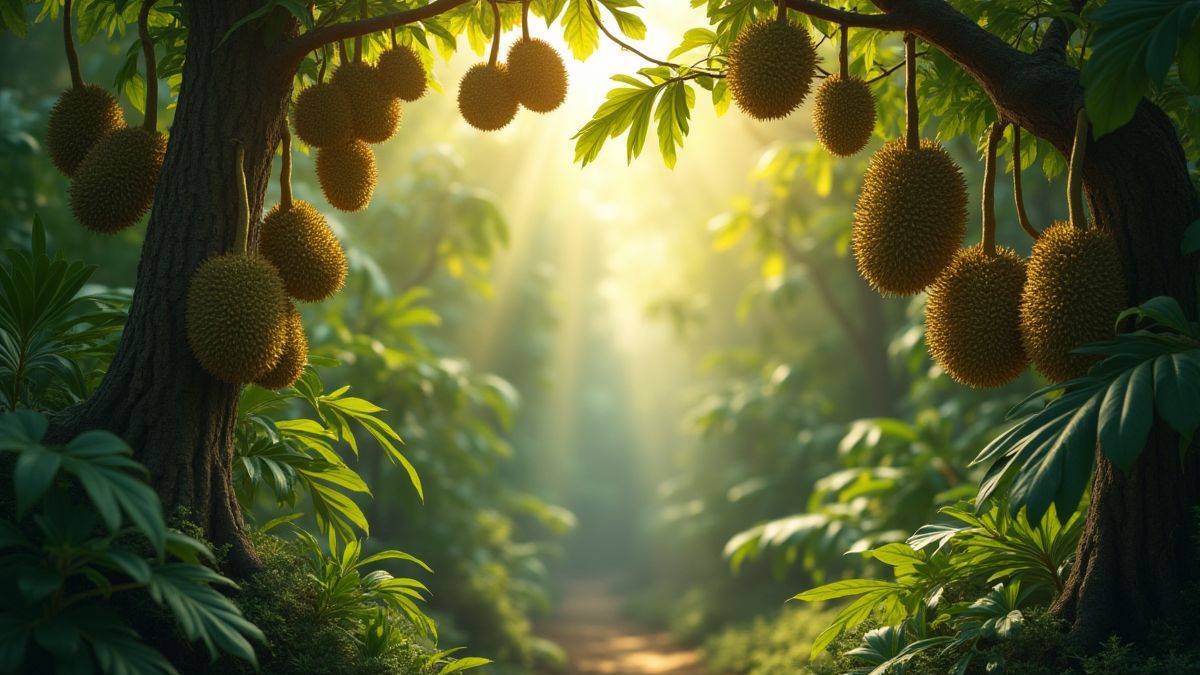 Un bois tropical avec des fruits durian suspendus aux arbres.