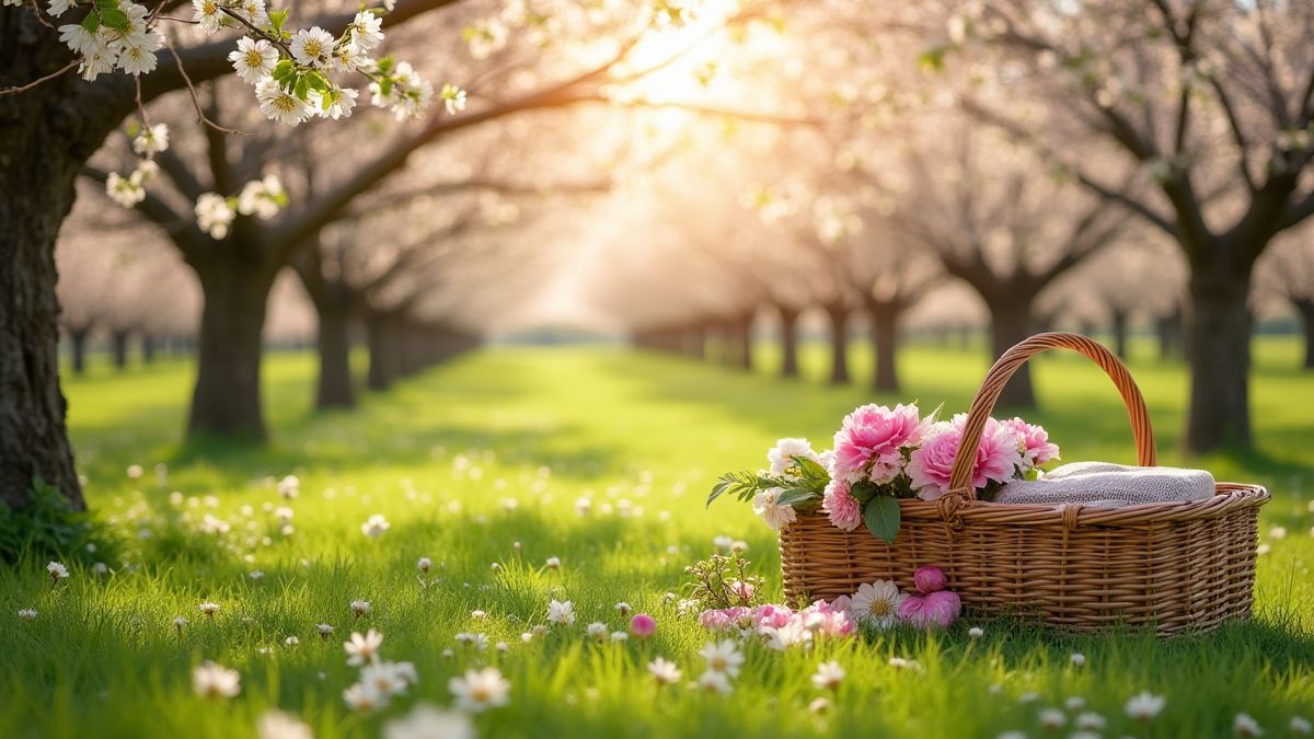 Een lenteboerderij vol bloemen en picknickmanden.