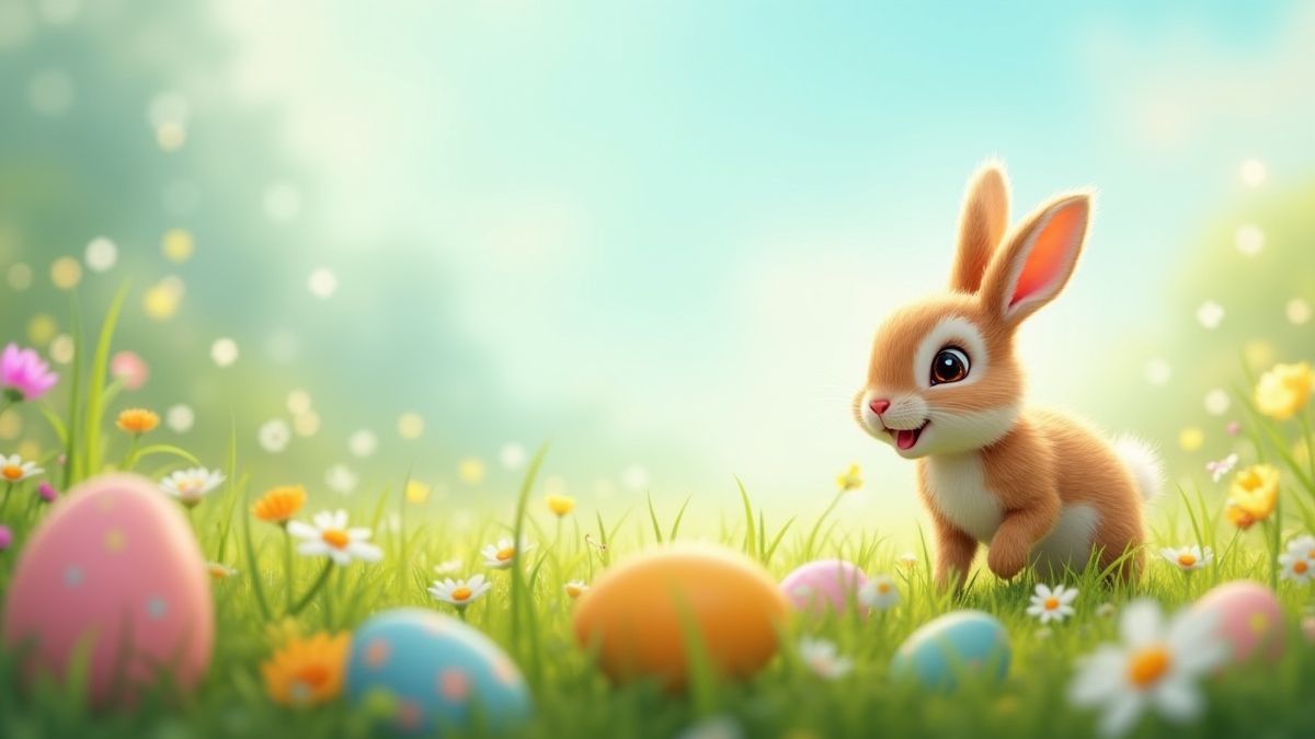 Un campo lleno de flores y huevos de colores con un conejo saltando alegremente.
