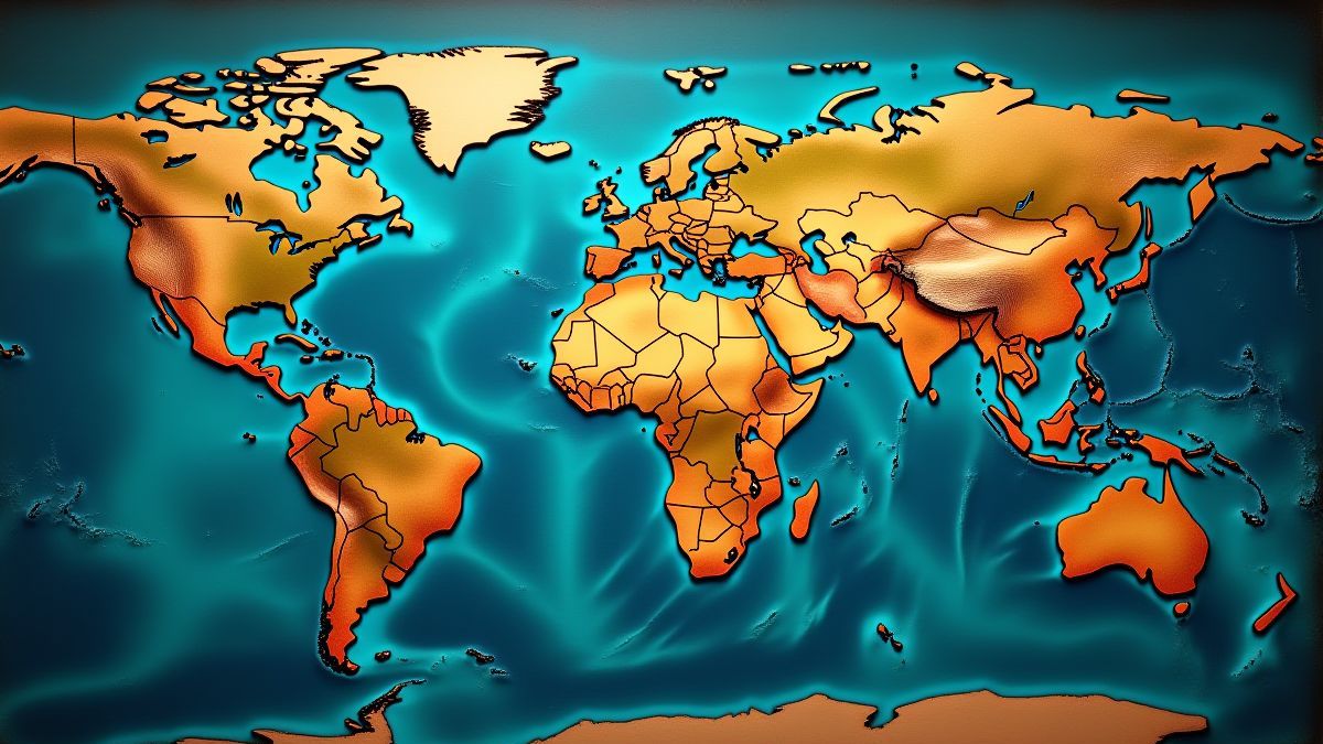 Mapa do tesouro animado com continentes coloridos.